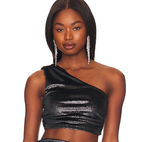 NWT- SUSANA MONACO Revolve One Arm Crop Top in Metallic Black - Picture 1 of 13